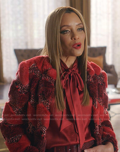 Dominique's red tie neck blouse on Dynasty