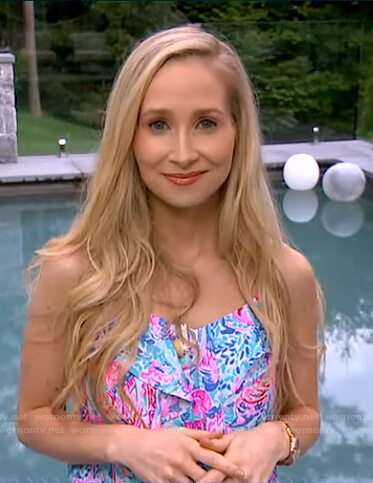 Dr. Whitney Bowe’s blue and pink printed ruffle top on Good Morning America