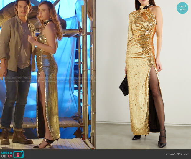 One-Sleeve Bead-Embellished Sequinned Organza Gown by Dundas worn by Kirby Anders (Maddison Brown) on Dynasty