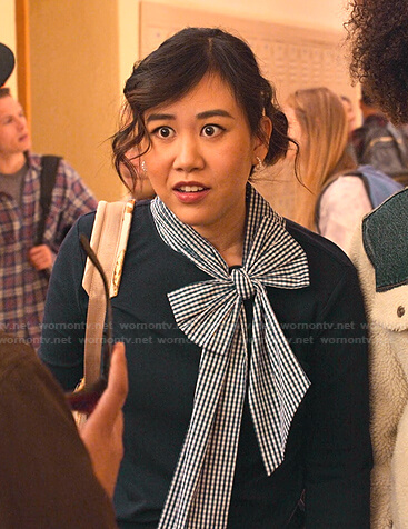 Eleanor’s blue gingham tie neck top on Never Have I Ever