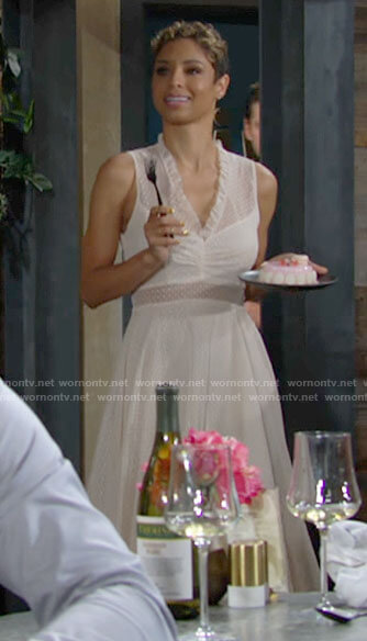 Elena’s beige dotted v-neck dress on The Young and the Restless