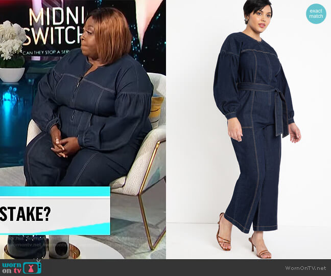 Puff Sleeve Denim Jumpsuit by Eloquii worn by Loni Love on E! News