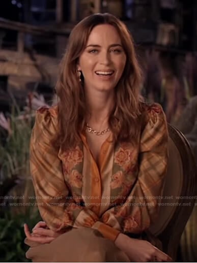 Emily Blunt’s orange floral plaid blouse on Live with Kelly and Ryan