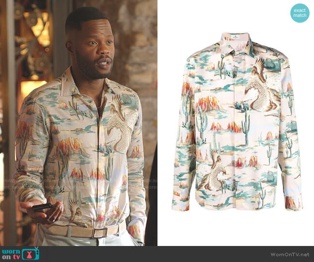 Western-Print Sport Shirt by Etro worn by Jeff Colby (Sam Adegoke) on Dynasty