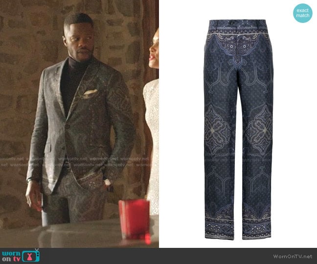 Paisley-Print Trousers by Etro worn by Jeff Colby (Sam Adegoke) on Dynasty