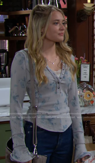 Faith's grey printed henley top on The Young and the Restless