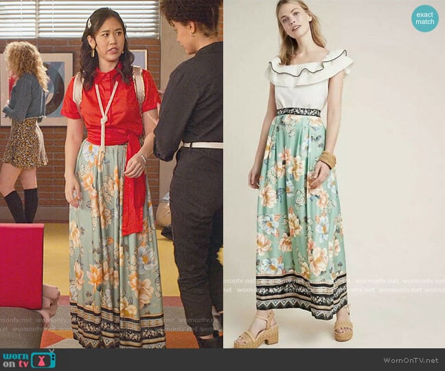 Farm Rio Siren Floral Print Maxi Long Green Skirt by Anthropologie worn by Fabiola Torres (Lee Rodriguez) on Never Have I Ever