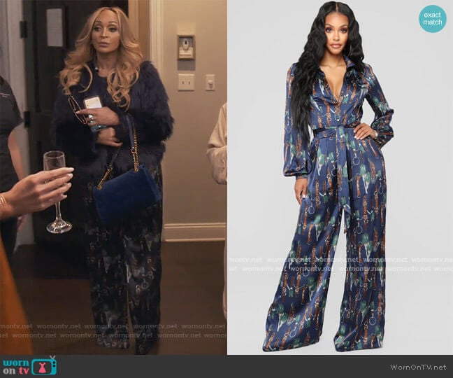 The Entertainer Satin Jumpsuit by Fashion Nova worn by Karen Huger on The Real Housewives of Potomac