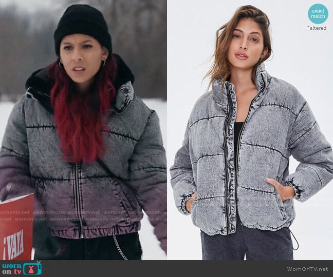 Forever 21 Denim Puffer Jacket worn by Maya Jimenez (Izabella Alvarez) on The Republic of Sarah