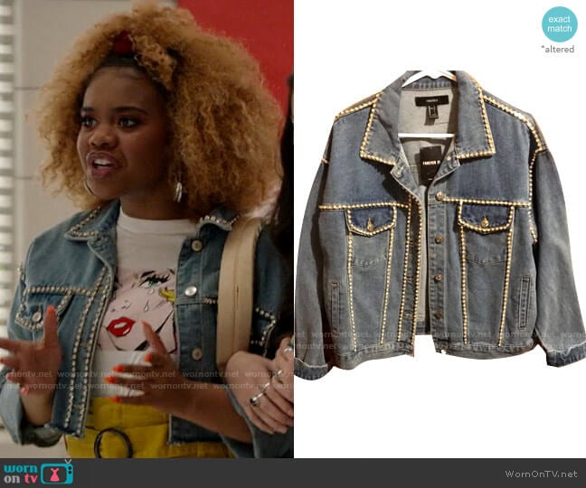 Forever 21 Rhinestone Denim Jacket worn by Kourtney (Dara Renee) on High School Musical The Musical The Series