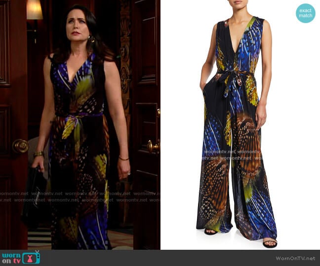 Fuzzi Sleeveless Printed Wide-Leg Jumpsuit worn by Quinn Fuller (Rena Sofer) on The Bold and the Beautiful