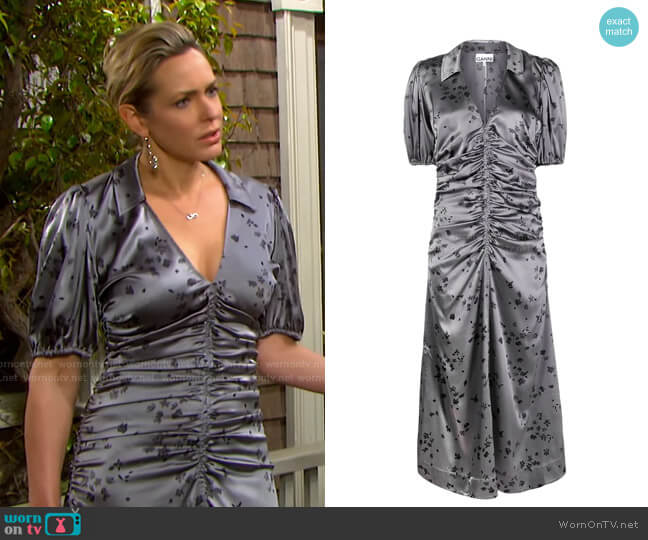 Floral Ruched Stretch Silk Satin Dress by Ganni worn by Nicole Walker (Arianne Zucker) on Days of our Lives