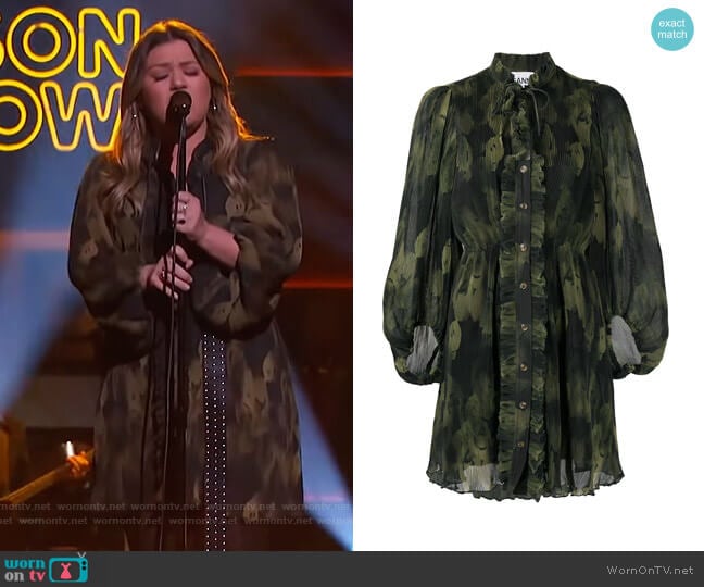 Pleated Georgette Balloon-sleeve Dress by Ganni worn by Kelly Clarkson on The Kelly Clarkson Show