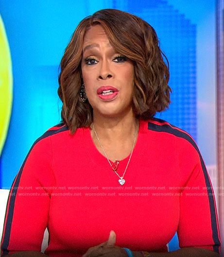 Gayle King’s red dress with side stripes on CBS Mornings