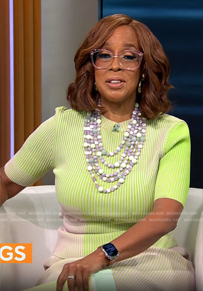 Gayle King's green and pink ribbed top and skirt set on CBS This Morning