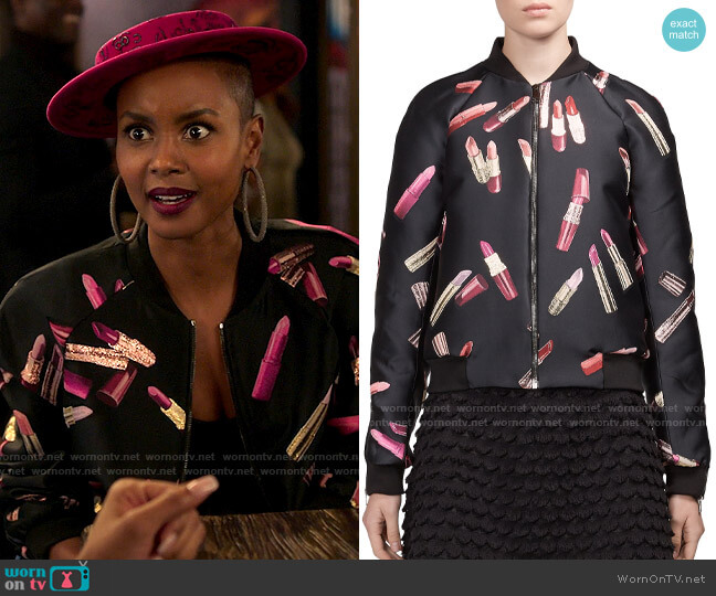 Giamba Lipstick-Print Bomber Jacket worn by Ella McFair (Andrea Bordeaux) on Run the World