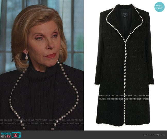 Faux-pearl trim tailored Coat by Giambattista Valli worn by Diane Lockhart (Christine Baranski) on The Good Fight