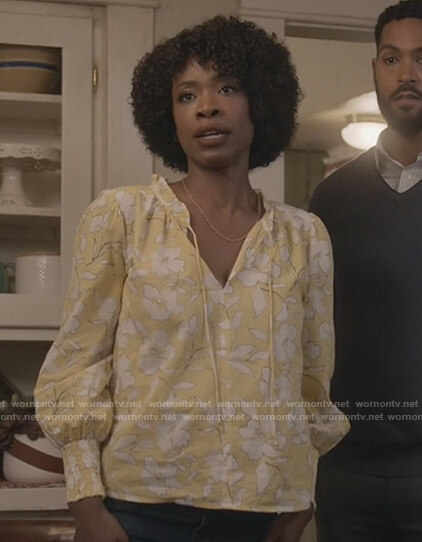 Grace's yellow floral tie neck blouse on All American
