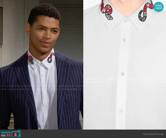 Gucci Duke Shirt with Snake worn by Zende Forrester Dominguez (Delon De Metz) on The Bold and the Beautiful