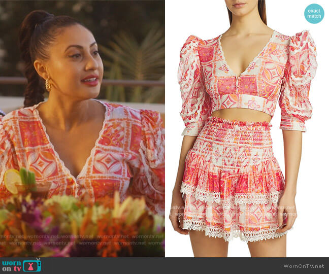 Coastal Puff-Sleeve Printed Cropped Top by Hemant & Nandita worn by Ana Torres (Francia Raisa) on Grown-ish