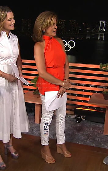 Hoda’s red halter top and white USA print jeans on Today