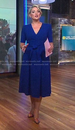 Jamie Yuccas’s blue wrap dress on CBS This Morning