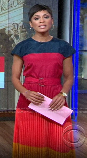 Jericka Duncan’s colorblock pleated dress  on CBS Mornings