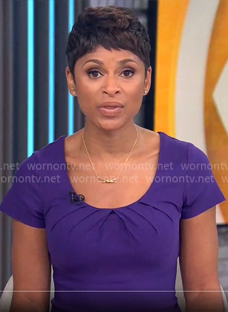 Jericka Duncan's purple pleated neckline dress on CBS This Morning