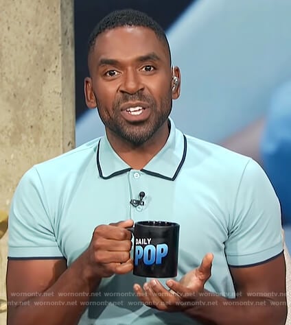 Justin’s light blue contrast polo on E! News Daily Pop