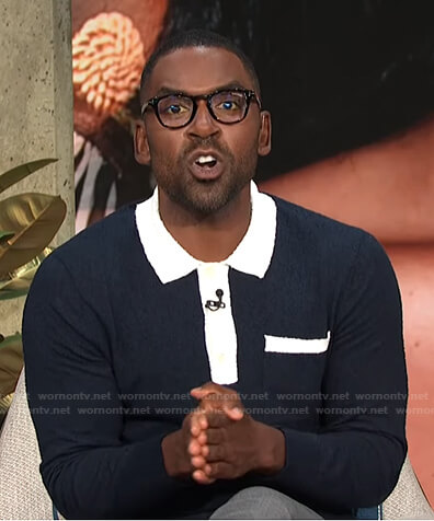 Justin’s navy long sleeve polo shirt on E! News Daily Pop