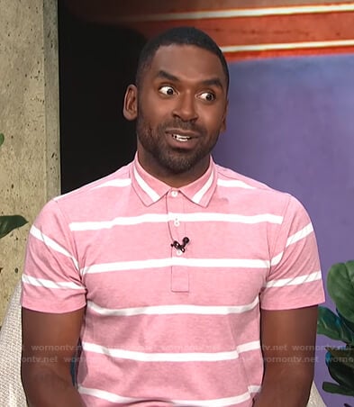 Justin’s pink striped polo shirt on E! News Daily Pop