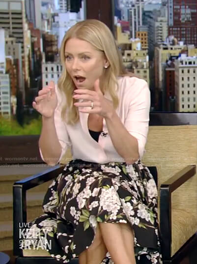 Kelly’s pink blouse and black floral skirt on Live with Kelly and Ryan