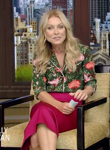 Kelly's floral shirts and pink satin skirt on Live with Kelly and Ryan
