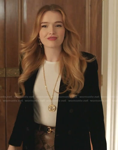 Kirby's black velvet blazer and snake print pants on Dynasty