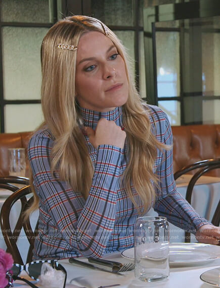 Leah's blue plaid turtleneck top on The Real Housewives of New York City