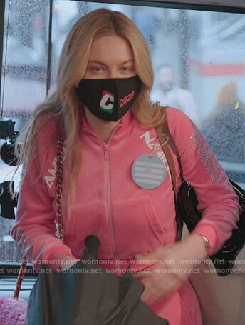 Leah's pink Namilia logo jacket and sweatpants on The Real Housewives of New York City