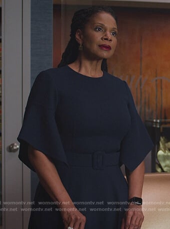 Liz’s navy belted dress on The Good Fight