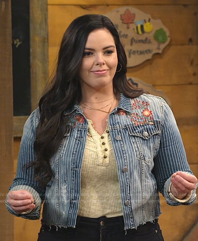 Lou's yellow ribbed top and striped denim jacket on Bunkd