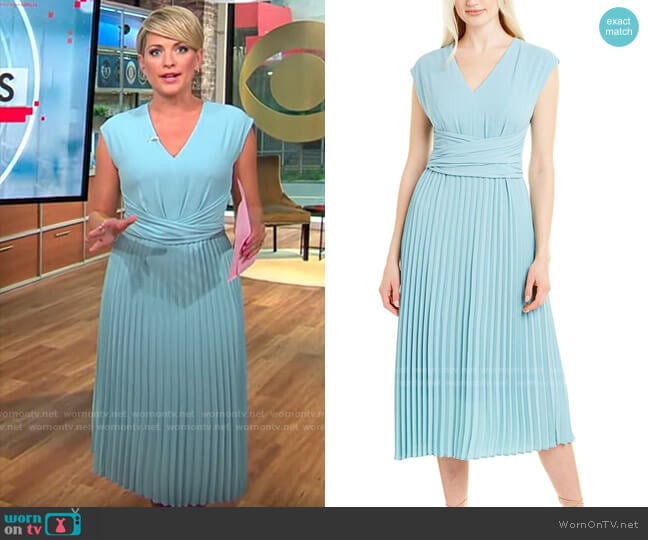 Maggy London Faux Wrap Pleated V-Neck Dress worn by Jamie Yuccas on CBS Mornings