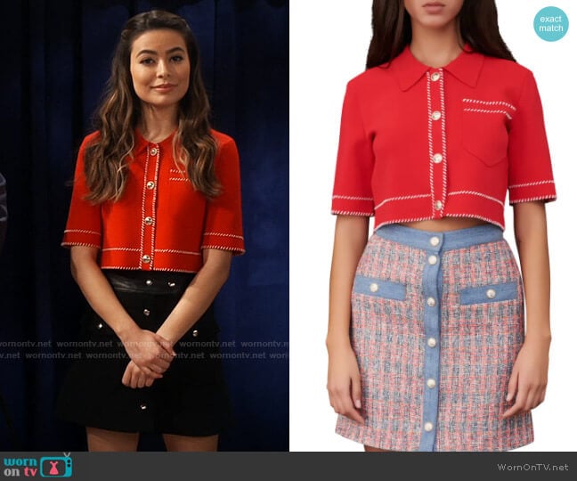 Maje Moss Cropped Short Sleeve Cardigan worn by Carly Shay (Miranda Cosgrove) on iCarly