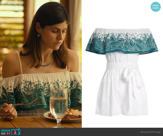 Mara Hoffman Leaf Embroidered Romper worn by Rachel Patton (Alexandra Daddario) on The White Lotus