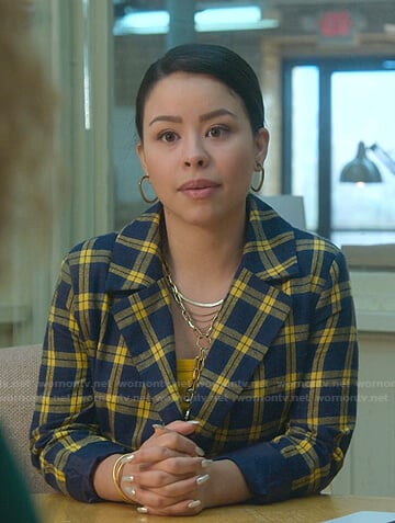 Mariana’s blue and yellow check blazer on Good Trouble