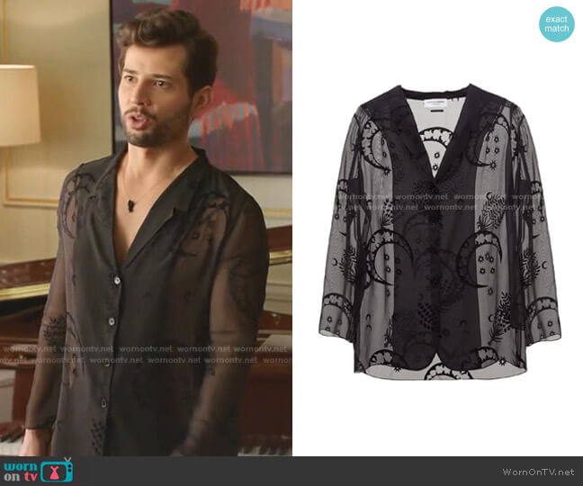 Moon-embroidered Silk-Blend Shirt by Marine Serre worn by Sam Flores (Rafael de la Fuente) on Dynasty