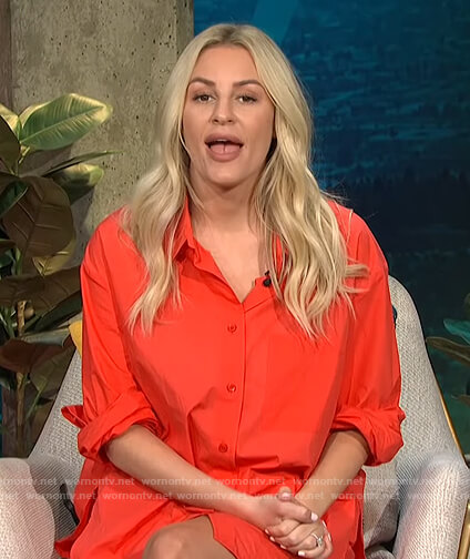Morgan's red button down shirt and shorts on E! News Daily Pop