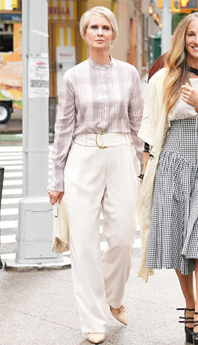 Miranda’s plaid blouse and white trousers on And Just Like That… (Sex and the City reboot)