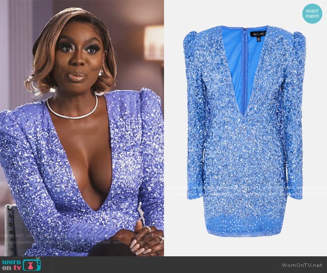 Peace and Love blue sequin plunge mini dress by Missguided worn by Wendy Osefo on The Real Housewives of Potomac