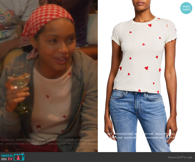 Allover Embroidered Hearts Tee by Monrow worn by Zoey Johnson (Yara Shahidi) on Grown-ish