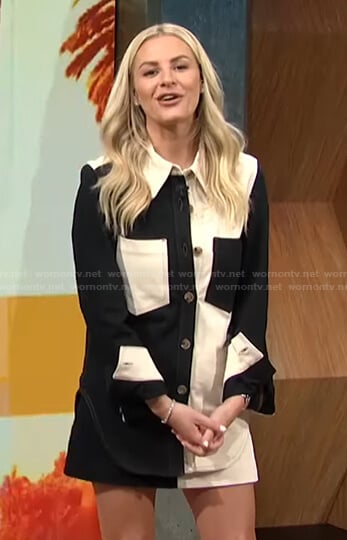 Morgan’s colorblock button down shirt and mini skirt on E! News Daily Pop