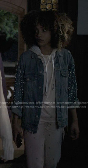 Rowena’s pearl embellished denim jacket on American Horror Stories