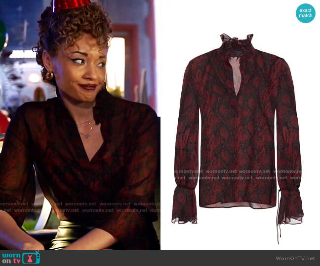 Nili Lotan Demi ruffle-trimmed snake-print silk-chiffon blouse  worn by Astra Logue (Olivia Swann) on Legends of Tomorrow